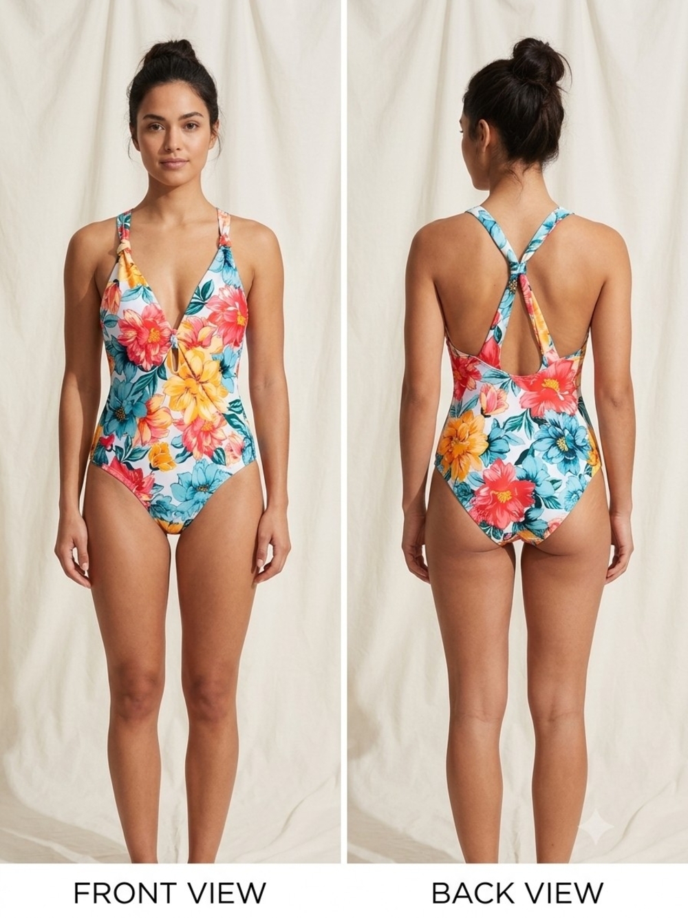 Time and Tru Aqua Floral V-Neck One-Piece Swimsuit